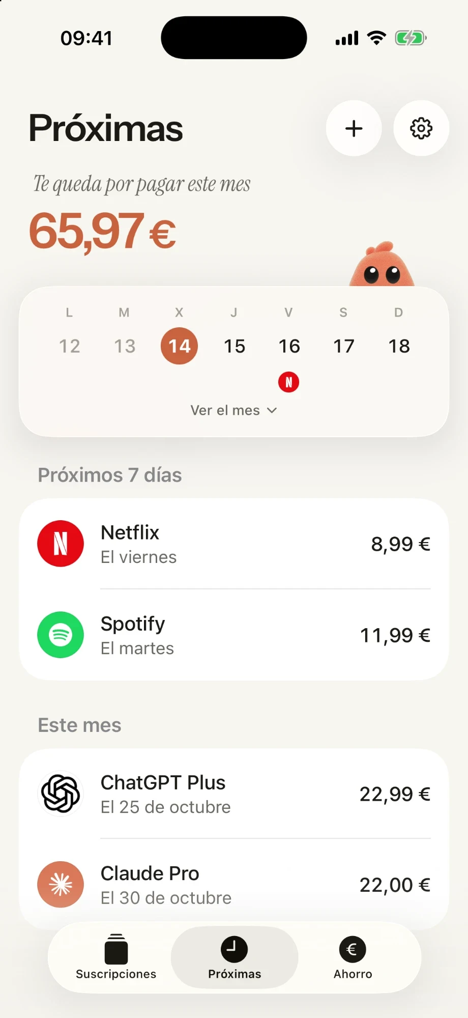 Pantalla Próximas: calendario de la semana y cobros de los próximos días